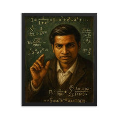 Srinivasa Ramanujan chalkboard intuition portrait framed print on a plain backdrop in size 16"x20".