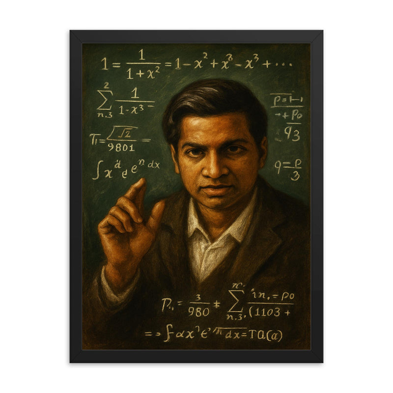 Srinivasa Ramanujan chalkboard intuition portrait framed print on a plain backdrop in size 18