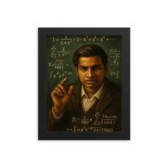 Srinivasa Ramanujan chalkboard intuition portrait framed print on a plain backdrop in size 8"x10".