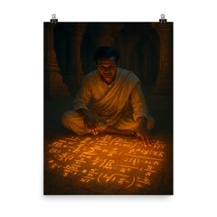 Srinivasa Ramanujan fevered equations glowing on temple floor poster on a plain backdrop in size 8"x10".