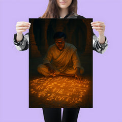 Srinivasa Ramanujan fevered equations glowing on temple floor poster 3