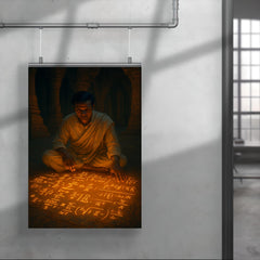 Srinivasa Ramanujan fevered equations glowing on temple floor poster 4