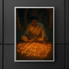 Srinivasa Ramanujan fevered equations glowing on temple floor poster 5