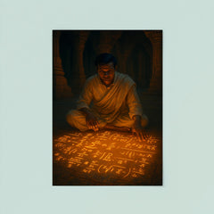 Srinivasa Ramanujan fevered equations glowing on temple floor poster 8