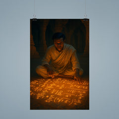 Srinivasa Ramanujan fevered equations glowing on temple floor poster 9