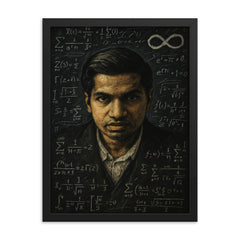 Srinivasa Ramanujan in chalk dense infinity vision framed print on a plain backdrop in size 18"x24".