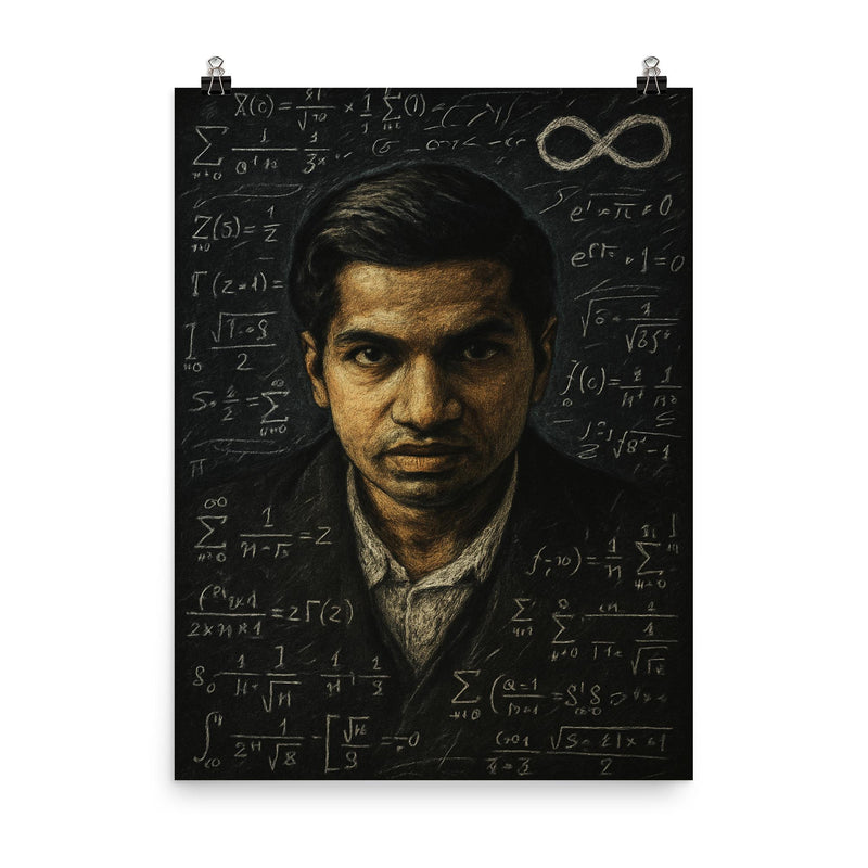 Srinivasa Ramanujan in chalk dense infinity vision poster on a plain backdrop in size 8