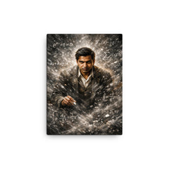 Srinivasa Ramanujan in chalk dusted equation storm canvas print on a plain backdrop in size 12"x16".