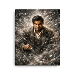 Srinivasa Ramanujan in chalk dusted equation storm canvas print on a plain backdrop in size 16"x20".
