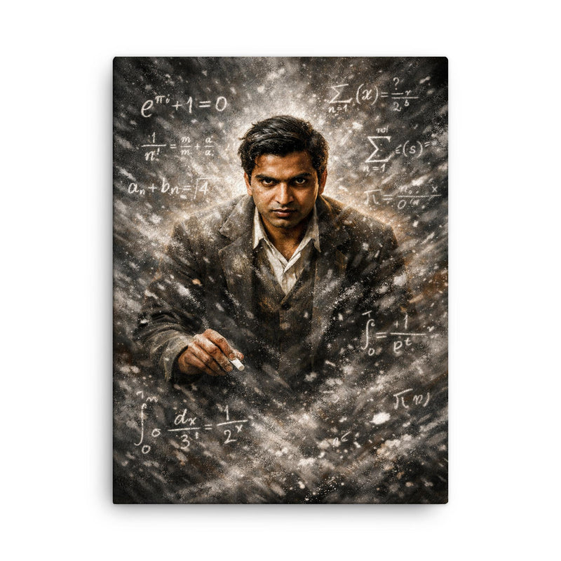 Srinivasa Ramanujan in chalk dusted equation storm canvas print on a plain backdrop in size 18