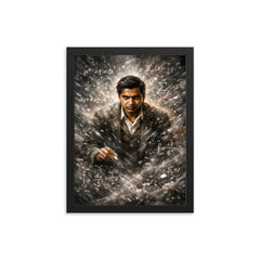 Srinivasa Ramanujan in chalk dusted equation storm framed print on a plain backdrop in size 12"x16".