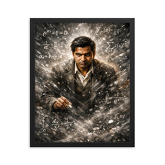 Srinivasa Ramanujan in chalk dusted equation storm framed print on a plain backdrop in size 16"x20".