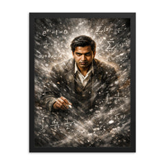 Srinivasa Ramanujan in chalk dusted equation storm framed print on a plain backdrop in size 18"x24".