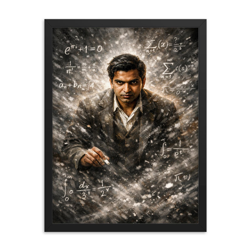 Srinivasa Ramanujan in chalk dusted equation storm framed print on a plain backdrop in size 18