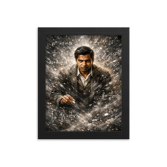 Srinivasa Ramanujan in chalk dusted equation storm framed print on a plain backdrop in size 8"x10".
