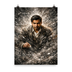 Srinivasa Ramanujan in chalk dusted equation storm poster on a plain backdrop in size 8"x10".