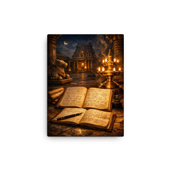 Srinivasa Ramanujan notebooks under temple lamplight canvas print on a plain backdrop in size 12"x16".