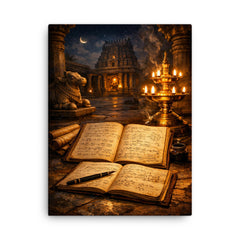 Srinivasa Ramanujan notebooks under temple lamplight canvas print on a plain backdrop in size 18"x24".