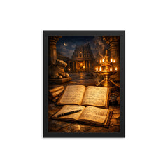 Srinivasa Ramanujan notebooks under temple lamplight framed print on a plain backdrop in size 12"x16".