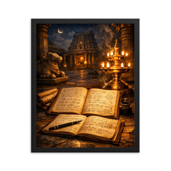 Srinivasa Ramanujan notebooks under temple lamplight framed print on a plain backdrop in size 16"x20".