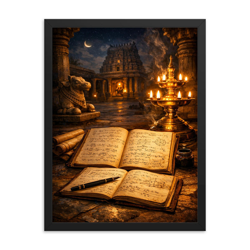 Srinivasa Ramanujan notebooks under temple lamplight framed print on a plain backdrop in size 18