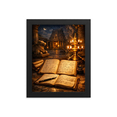 Srinivasa Ramanujan notebooks under temple lamplight framed print on a plain backdrop in size 8"x10".