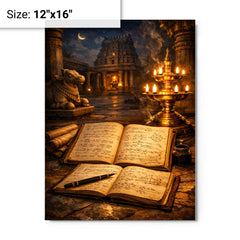 Srinivasa Ramanujan notebooks under temple lamplight metal print on a plain backdrop in size 12"x16".
