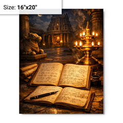 Srinivasa Ramanujan notebooks under temple lamplight metal print on a plain backdrop in size 16"x20".