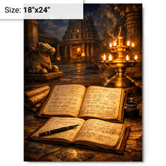 Srinivasa Ramanujan notebooks under temple lamplight metal print on a plain backdrop in size 18"x24".