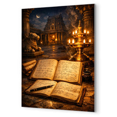 Srinivasa Ramanujan notebooks under temple lamplight metal print mockup