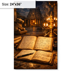 Srinivasa Ramanujan notebooks under temple lamplight metal print on a plain backdrop in size 24"x36".