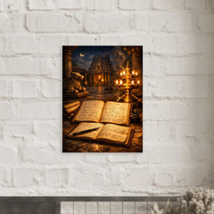 Srinivasa Ramanujan notebooks under temple lamplight metal print mockup