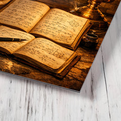 Srinivasa Ramanujan notebooks under temple lamplight metal print mockup