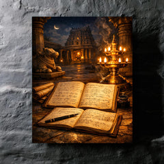 Srinivasa Ramanujan notebooks under temple lamplight metal print mockup