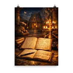 Srinivasa Ramanujan notebooks under temple lamplight poster on a plain backdrop in size 8"x10".
