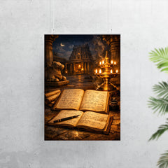 Srinivasa Ramanujan notebooks under temple lamplight poster 7