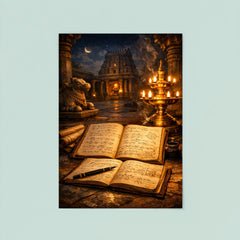 Srinivasa Ramanujan notebooks under temple lamplight poster 8