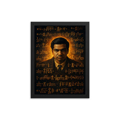 Srinivasa Ramanujan surrounded by infinite formulas framed print on a plain backdrop in size 12"x16".