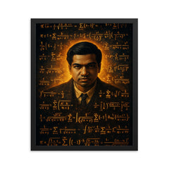Srinivasa Ramanujan surrounded by infinite formulas framed print on a plain backdrop in size 16"x20".