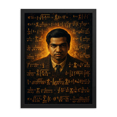 Srinivasa Ramanujan surrounded by infinite formulas framed print on a plain backdrop in size 18"x24".