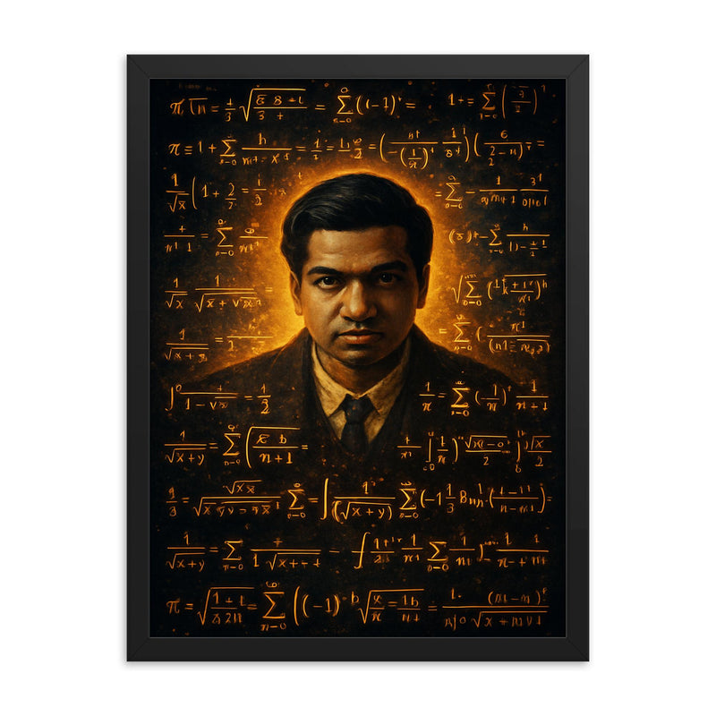 Srinivasa Ramanujan surrounded by infinite formulas framed print on a plain backdrop in size 18