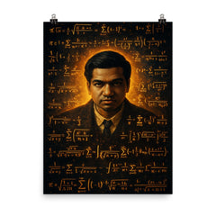 Srinivasa Ramanujan surrounded by infinite formulas poster on a plain backdrop in size 8"x10".