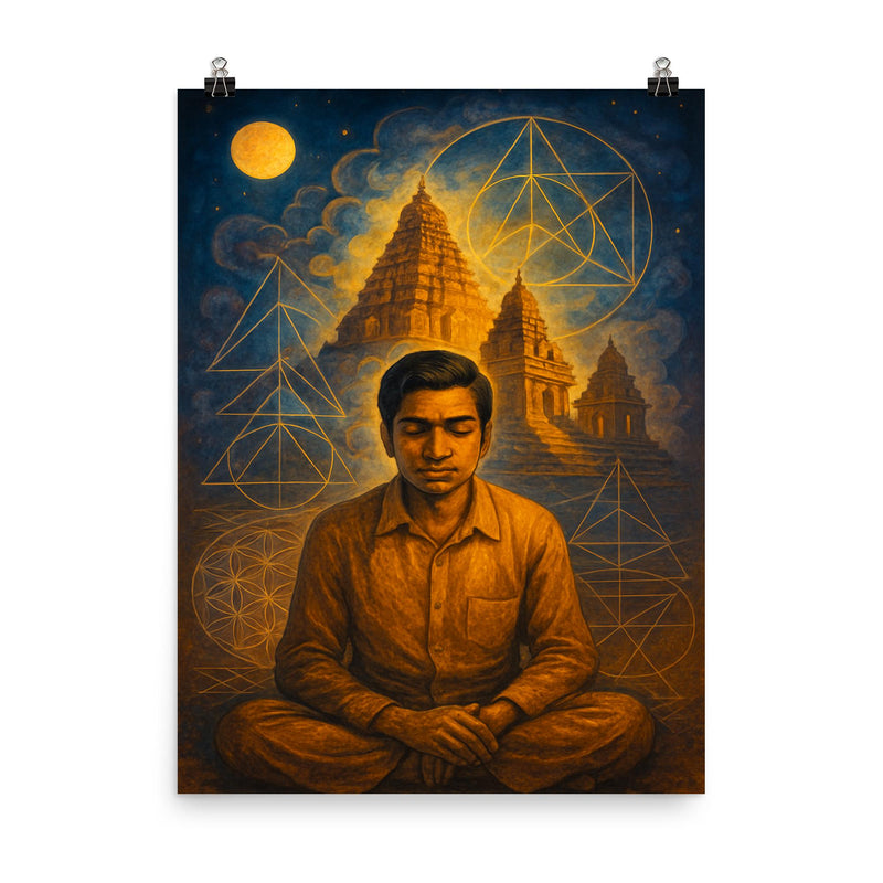 Srinivasa Ramanujan temple geometry dream scene poster on a plain backdrop in size 8
