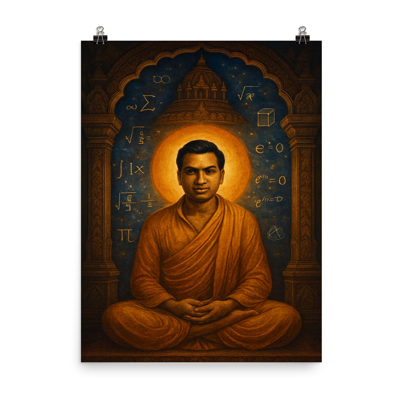 Srinivasa Ramanujan temple mathematics vision poster on a plain backdrop in size 8