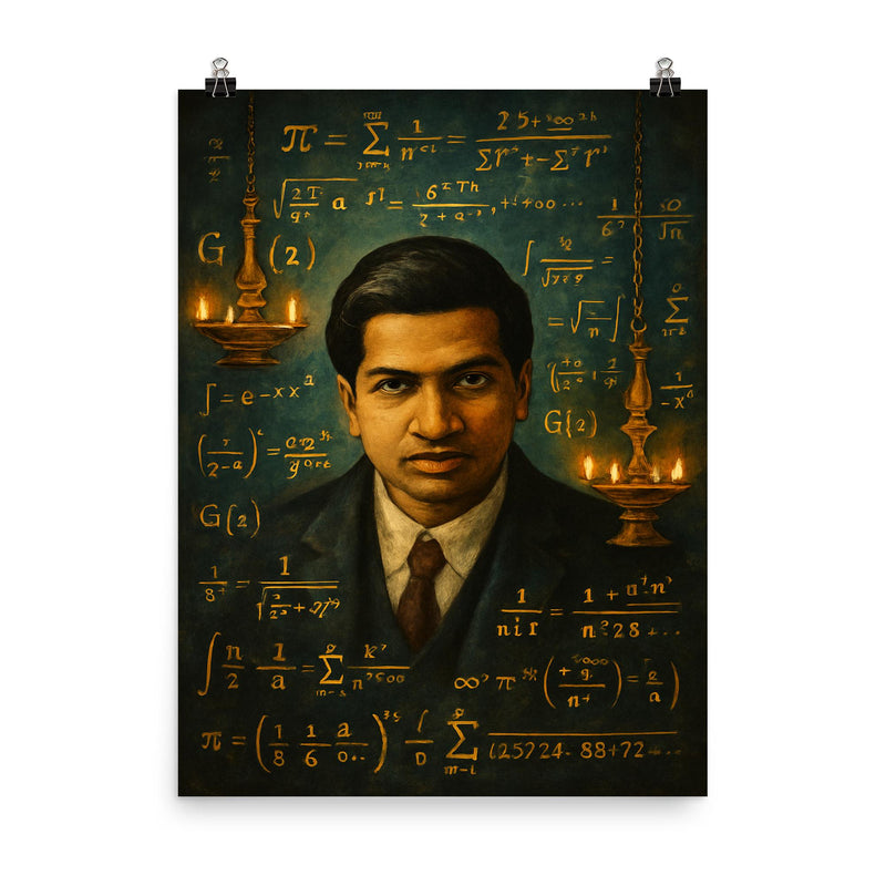 Srinivasa Ramanujan with infinite formulas and temple lamps poster on a plain backdrop in size 8