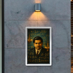 Srinivasa Ramanujan with infinite formulas and temple lamps poster 2