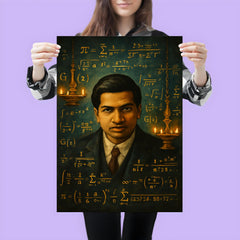 Srinivasa Ramanujan with infinite formulas and temple lamps poster 3