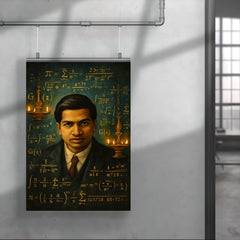 Srinivasa Ramanujan with infinite formulas and temple lamps poster 4