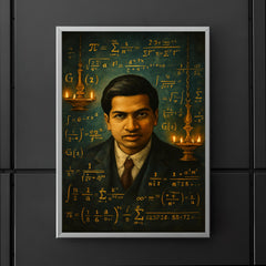 Srinivasa Ramanujan with infinite formulas and temple lamps poster 5