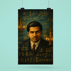 Srinivasa Ramanujan with infinite formulas and temple lamps poster 6